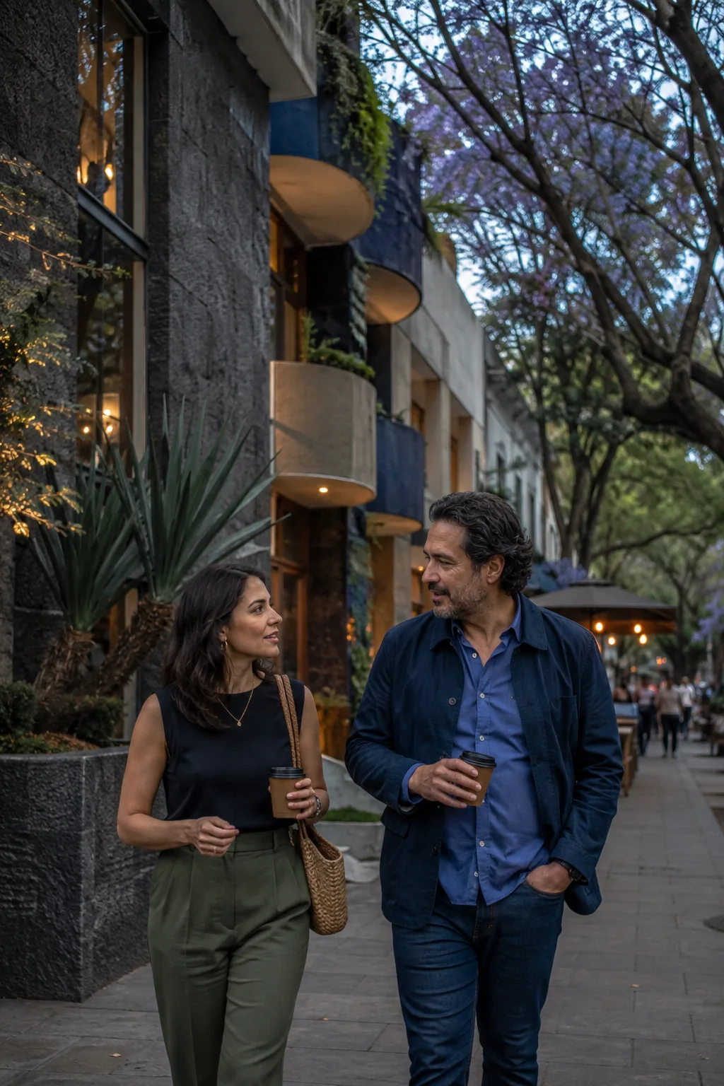 Adult couple walking with coffee on a Mexico City date
